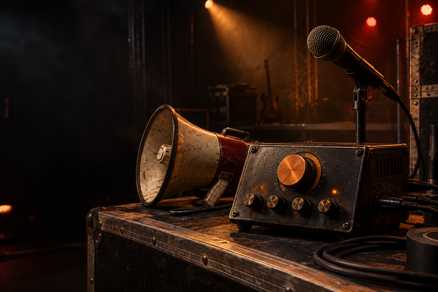 A rugged voice processor, stage microphone, and vintage megaphone on a concert road case
